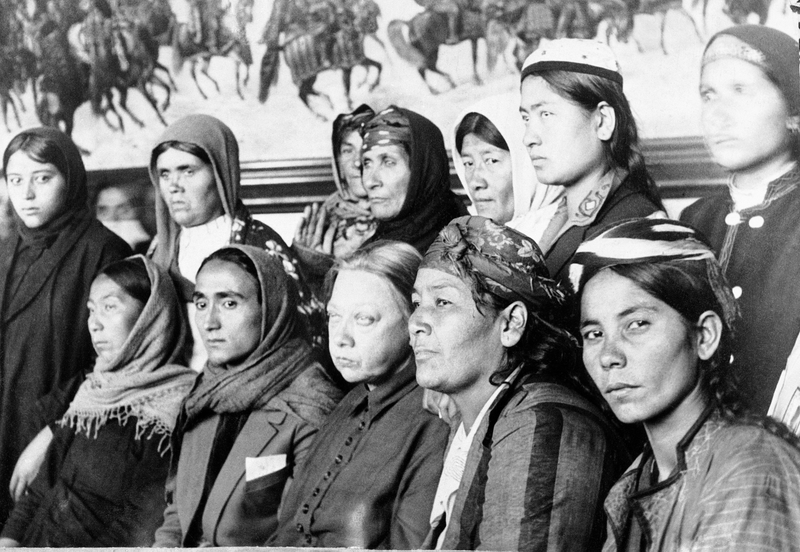 Women from Central Asia who “came to Moscow after the spring to study Communist principals and women’s emancipation” with Lenin’s widow. Photo via AP Images.